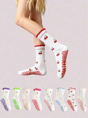 欧洲尺码 36-43，1 双卡通印花圆点瑜伽袜，可爱设计，成人男女通用