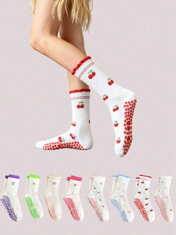 المقاس الأوروبي 36-43، زوج واحد من جوارب اليوغا المطبوعة بالرسوم الكرتونية مع أسطح نقطية، تصميم جميل، للجنسين للبالغين