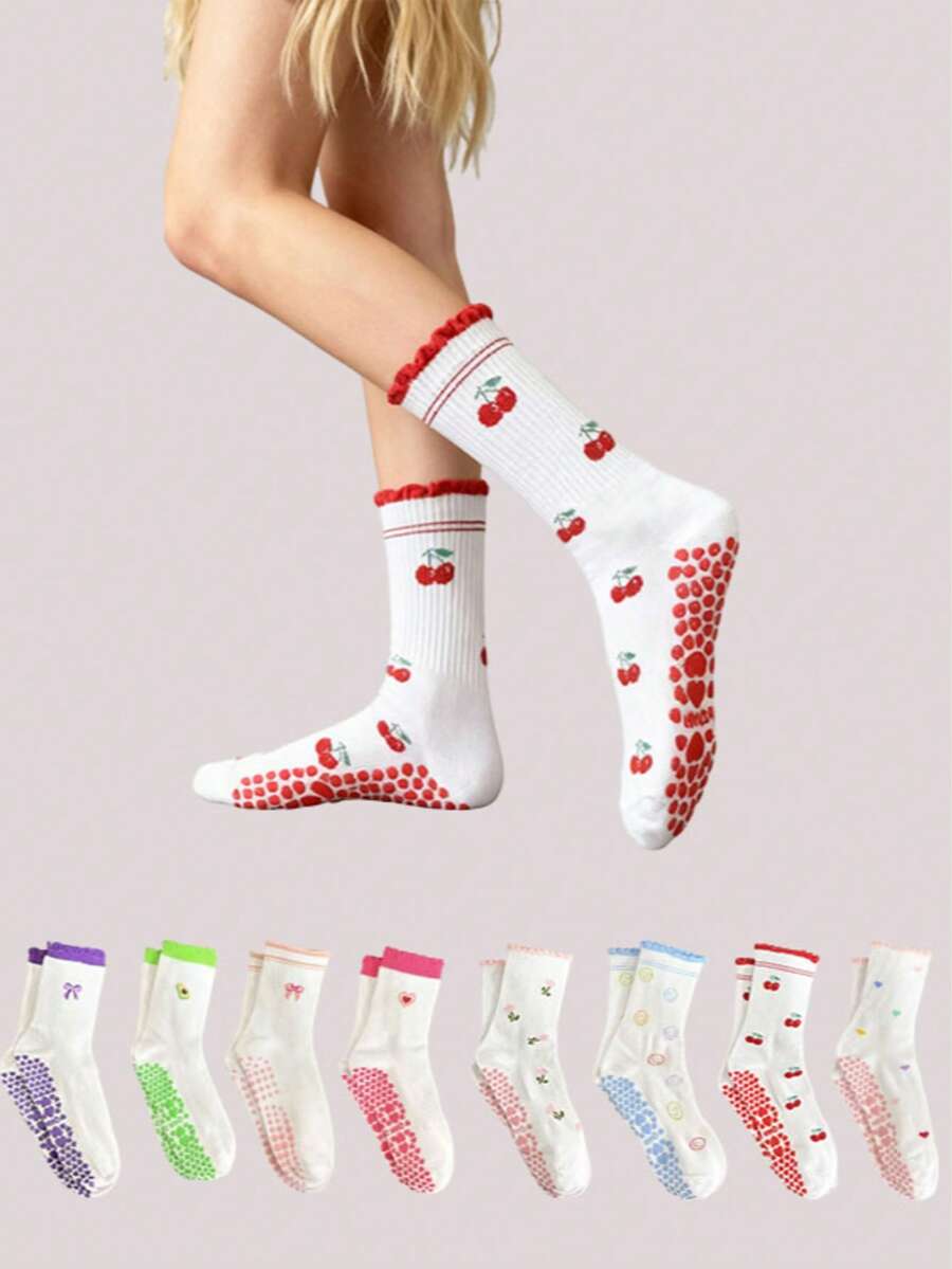 European Sizes 36-43, 1 Pair Of Cartoon Print Yoga Socks With Dotted Soles, Cute Design, Unisex For Adults