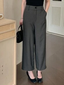 Livesso 女式人字纹羊毛混纺直筒九分裤，秋冬休闲长裤