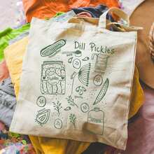 Dill Pickles Canvas Tote Bag - Lightweight Reusable Shopping Bag With Pickle Making Process & Ingredients Design, Natural Beige With Green Print, Side Pocket For Farmers Market, Gardening - Gift For Granola Girls & Pickle Lovers, Reusable Grocery Bags - 白色 - 查看 1