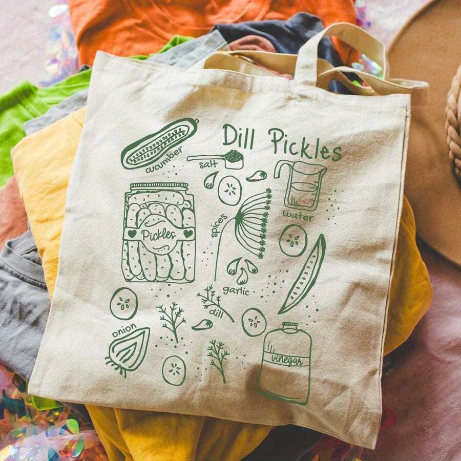 Dill Pickles Canvas Tote Bag - Lightweight Reusable Shopping Bag With Pickle Making Process & Ingredients Design, Natural Beige With Green Print, Side Pocket For Farmers Market, Gardening - Gift For Granola Girls & Pickle Lovers, Reusable Grocery Bags - 白色 - 查看 1