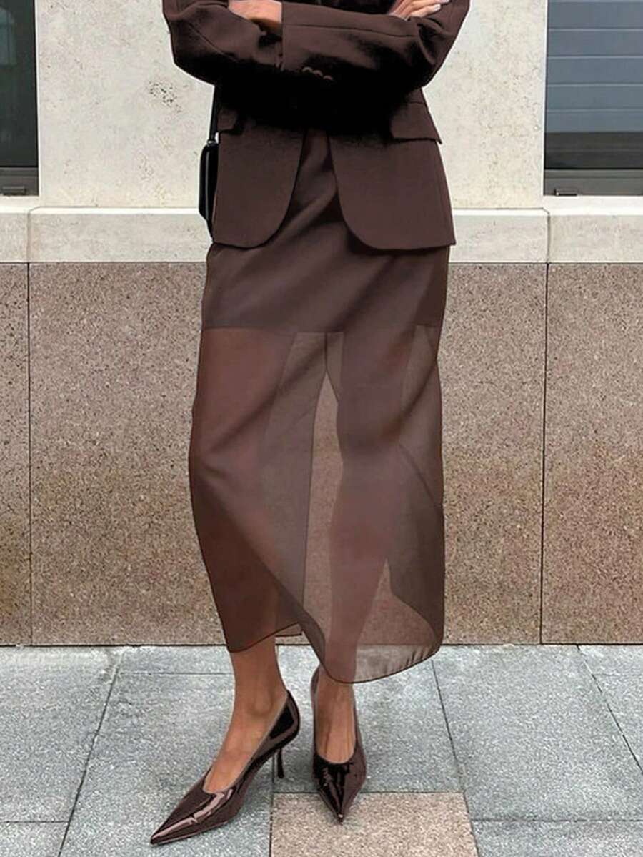 SHEIN x Luisa Sonza Chân váy đen dáng rộng thời trang dành cho nữ, chân váy chữ A phối lưới thanh lịch, chất liệu polyester, thích hợp cho mùa hè và mùa xuân. - màu nâu - Xem 1