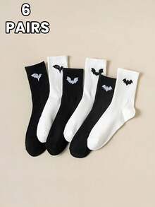 6 双蝙蝠印花袜哥特风格舒适中筒袜适合日常穿着黑色袜子白色袜子，秋季