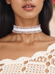 1入優雅復古90年代白色蕾絲彈性紋身套頸項鍊,女性派對珠寶配件 - 白色 - 查看 1