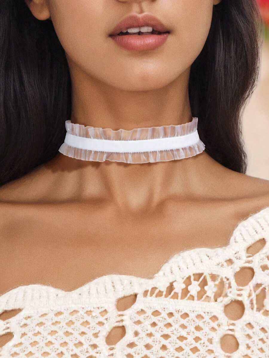 1入優雅復古90年代白色蕾絲彈性紋身套頸項鍊,女性派對珠寶配件 - 白色 - 查看 1