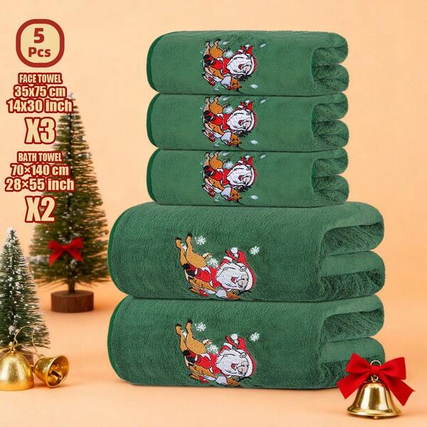 5pcs Christmas Towel Set - 3 Hand Towels + 2 Bath Towels, Coral Fleece Material, Skin-Friendly & Comfortable, Highly Absorbent & Quick Drying, Ideal For Bathroom, Home, SPA, Gift Set, Christmas Decoration