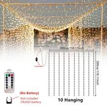 1条300/200/100 LED窗帘灯串，适用于婚礼背景装饰，8种灯光模式，4种颜色可选，遥控家居装饰灯，USB供电，适用于卧室、客厅、婚礼、生日、派对等场合。