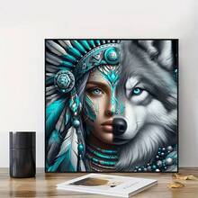 Kit de pintura de diamantes sin marco - Diseño inspirado en lo indígena con patrón de lobo - Bordado de diamantes circulares completos, artesanía DIY mosaico lienzo decoración de pared, 11.81x1.81 pulgadas
