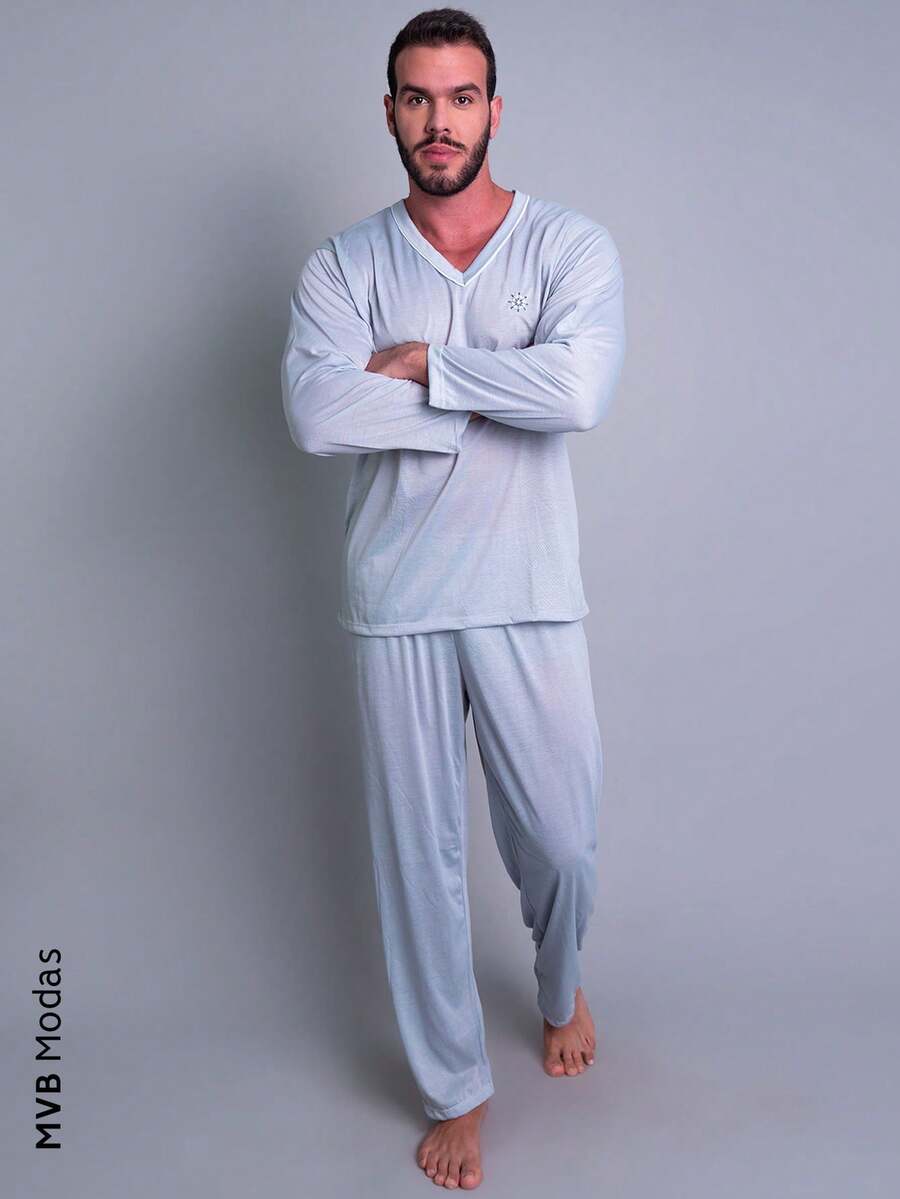 Men's Long Sleeve Pajamas With Pants By Mvb Modas - 灰色 - 查看 1