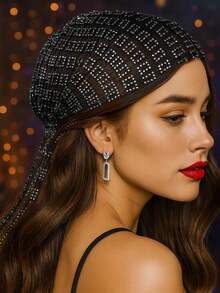 Women's Square Rhinestone Head Scarf Bling Sparkly Hijab Stretchy Rave Turban Hat Handmade Headband Crystal Mesh Cap Hair Snood Nets Vintage Dress Concert Headpiece Black For Women