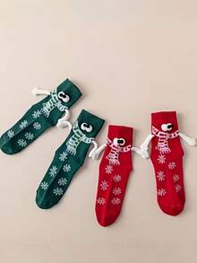 1 Pair 3D Eye Cartoon Christmas Socks With Magnetic Design - Cute Hand-In-Hand Mid-Calf Socks - Multicolor - View 2