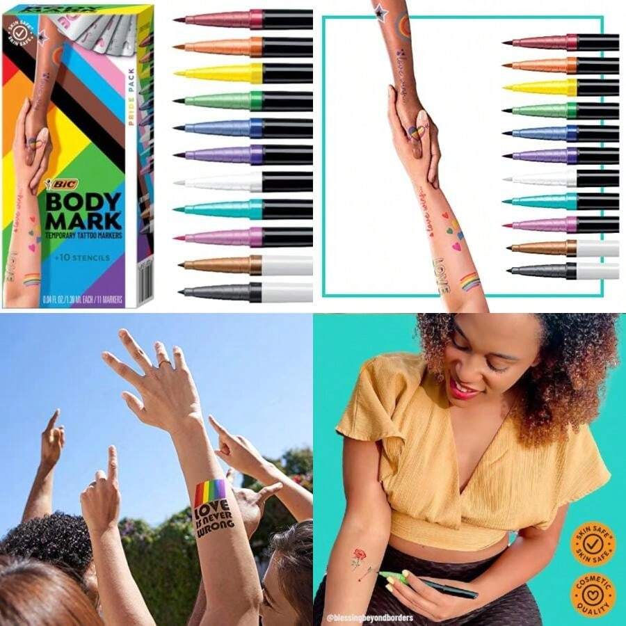 BODYMARK BIC Temporary Tattoo Markers For Skin, Pride Pack, Flexible Brush Tip, 11-Count Pack Of Assorted Colors, Skin-, Cosmetic Quality, Unique Gifts(Default) - Type1 - 查看 1
