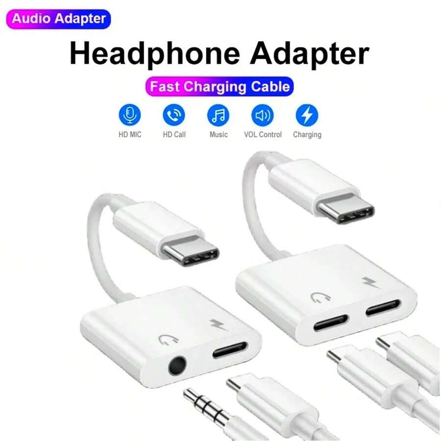 Cable auxiliar de audio de 2 en 1 Tipo C a 3.5 mm/Tipo C, adaptador de carga compatible con iPhone 17 Pro Max/17 Pro/17/16/15 Pro Max/15 Pro/15 Plus/15, convertidor de auriculares - Blanco - Ver 1