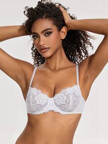 Wingslove 女士薄纱蕾丝花卉图案文胸，无衬垫无钢圈半罩杯文胸 - 白色 - 查看 1