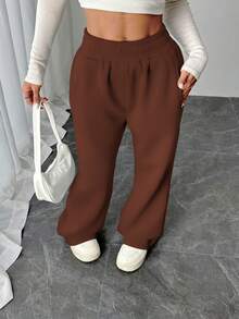 Women's Casual Solid Color Elastic Waist Pocket Loose Flare Leg Pants, Suitable For Street, Daily Wear, Valentine's Day, New Year, Comfortable Street Style - Rust Brown - View 2