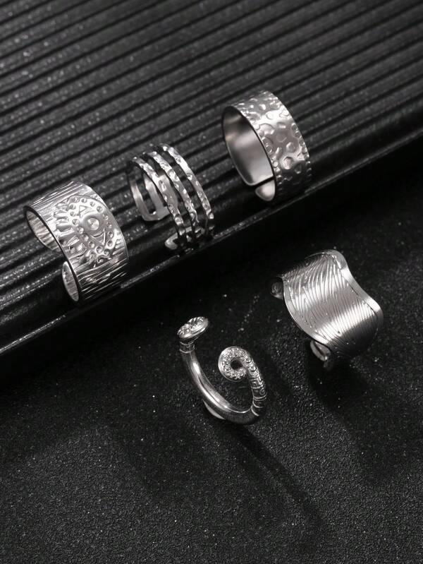 Conjunto de 5 anéis masculinos de aço inoxidável, incluindo anel com padrão de olho do diabo, anel robusto polido, presente adequado para namorado, marido, você mesmo, essencial para o Halloween, ano novo