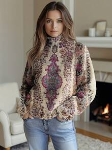 Women's Boho Chic Knitted High Neck Pullover Sweater With Floral Print, Long Raglan Sleeve Casual Fall & Winter Top - Multicolor - View 3