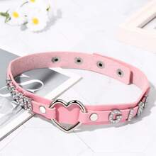 Women Gothic Goth Adjustable Choker Lace Heart Punk PU Leather Collar Necklaces - Hồng - Xem 7