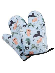 2pcs Oven Gloves, High Temperature Resistant Kitchen Baking Oven Gloves With Cute Cat Print - Thick, Heat-Resistant, Made Of Polyester, With Straps, Perfect For Cooking, BBQ And Microwave Use - Blue And White, Hand Wash Only - Multicolor - View 4