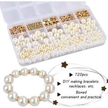 Juego De Cuentas Espaciadoras, 720 Piezas Cuentas De Cristal Redondas 4/6/8/10/12mm Perlas Para Manualidades, Con Cuentas Espaciadoras Doradas De 5 Formas Para Hacer Joyas, Aretes, Bisutería Pulseras - 1 - Ver 2