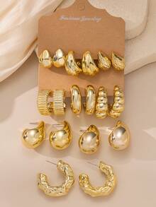 6-18pcs/Set New Asymmetrical CCB Gold Lightweight Earring Set, Textured C-Shape And Teardrop Designs, Versatile Everyday Wear For Women - Gold - View 2