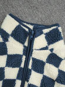 Ins 风格棋盘格蓬松背心女短款复古方格图案宽松无袖夹克外套，秋冬 - 藍色 - 查看 7