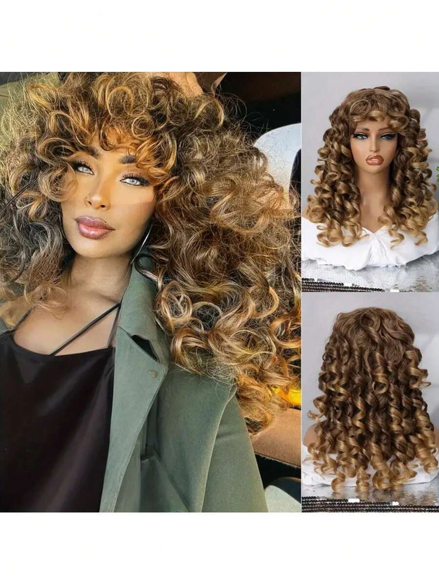 Synthetic Heat Resistant Wigs Bouncy Curls Wigs With Bangs Copper Ginger 20 Inch 33/27# Wig Bangs Wig Daily Used Easy To Wear Beginner Friendly Big Bouncy Fluff Curly Wigs - 33/27 - 查看 1