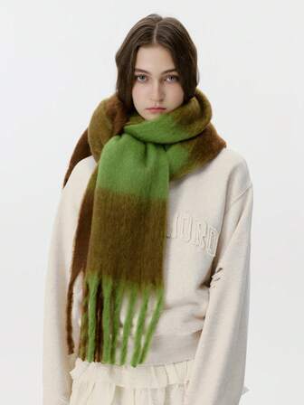 1pc Women's Dual-Color Large Plaid Patchwork Mohair Scarf, New Versatile Warm Soft Cozy Autumn/Winter Scarf, Suitable For Outings, Parties, And More