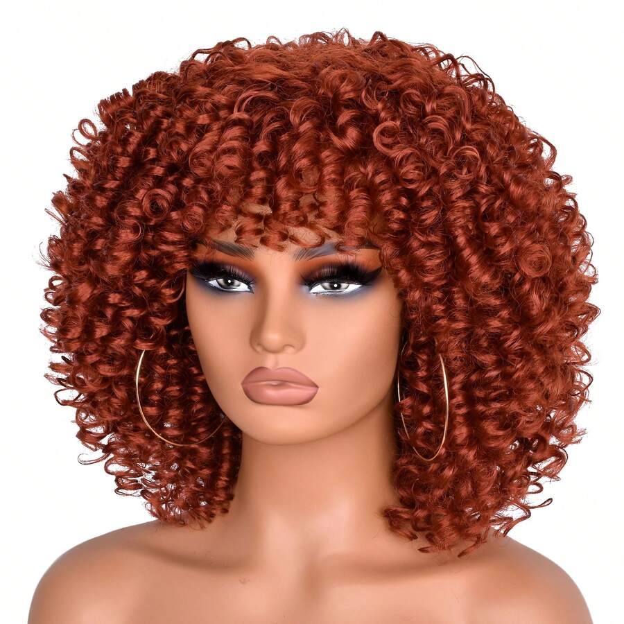 Synthetic Hair Kinky Curly Wigs With Bangs, Daily Natural Looking Curly Hair Replacement Wigs For African American Women 8 Inches - 紅色 - 查看 1