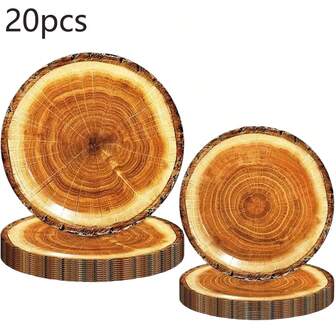 20 件木纹一次性盘子，7 英寸小盘子和 9 英寸大盘子，用于盛放蛋糕、甜点、食物，适合聚会、派对、节日、生日、主题活动
