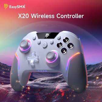 EasySMX X20 PC 及多平台游戏控制器，配备机械触感按键、双锁定霍尔效应扳机、双段式可拆卸霍尔效应摇杆、双扳机键、4 个可编程背键、3 种连接模式（蓝牙+有线+接收器）、RGB 灯效、1000Hz 轮询率、1000mAh 电池，兼容 PC/安卓/iOS/NS/平板电脑。