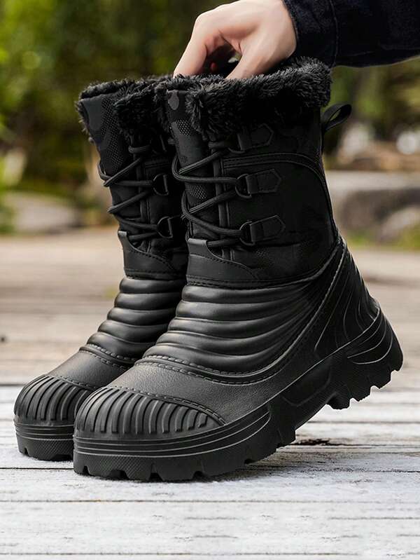 Winter Outdoor Sports Men's Hiking Shoes - Anti-Slip, Water-Resistant Leather Upper Snow Boots - Fashionable Plus Size Work High-Top Leather Boots - Casual Black Rubber Shoes