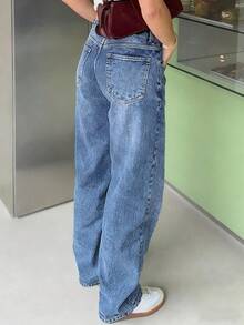 Women's Solid Color Casual Denim Straight Pants, Built-In Zipper, Durable & Non-Tight, Daily Multi-Scene Long Pants - Dark Wash - View 2