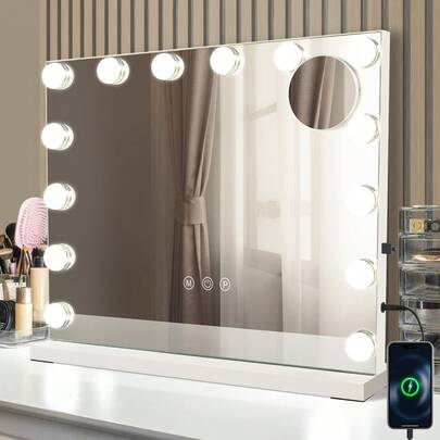 Deboola Espejo iluminado - Espejo con 14 luces LED y puerto USB - Espejo grande 50 x 40 cm - 3 modos de iluminación, pantalla ajustable táctilmente