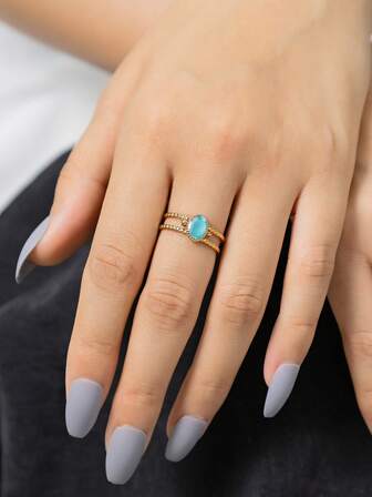 1pc Vintage Bohemian Style Stainless Steel Gold Plated Blue Oval Drop Oil Ring, Suitable For Women's Daily Wear, Party, Anniversary, Birthday Gift, Evening
