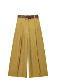 Women's Long Straight Leg Polyester Pants, Elegant Waist Belt Design, Non-Stretch Fabric - Mustard Yellow - View 7