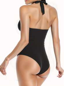 New One-Piece Swimsuit | Deep V-Neck Ruched Design, Essential For Summer Beach Vacation - Black - View 2