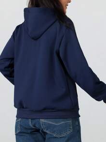 女士保暖连帽外套，简约纯色，常规长度，休闲风格，适合日常穿着，秋冬季 - 藍色 - 查看 6