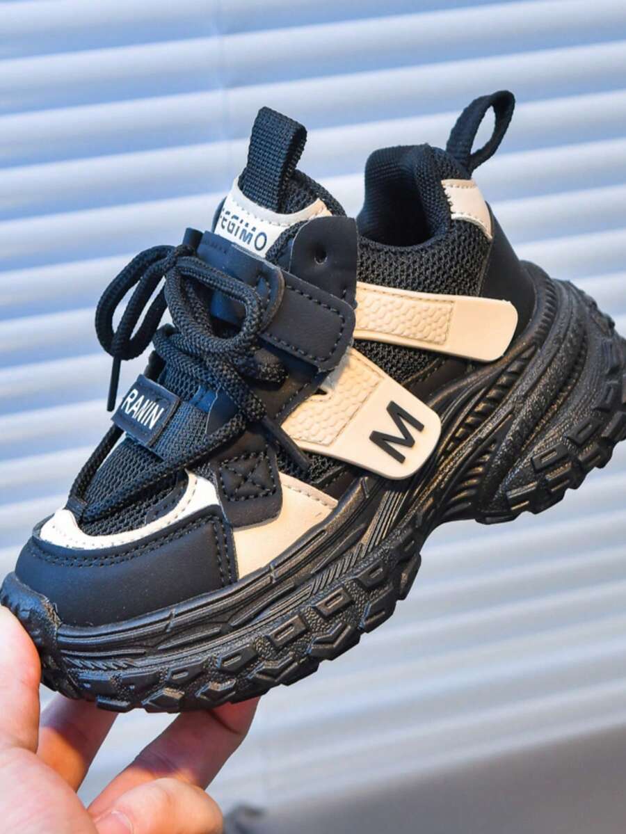 Kids' Fashionable Casual Sports Shoes, Student Running Shoes, Campus Sports Chunky Sneakers, Suitable For All Seasons, Color Blocking Woven Sports Shoes