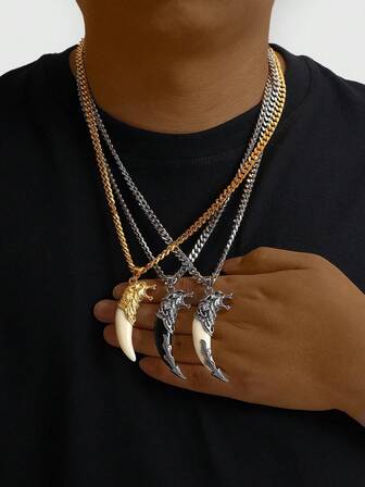 1 Stück modischer europäischer & amerikanischer personalisierter Punk Wolf Zahn Anhänger Halskette, geeignet für Herren Alltags- & Party-Outfit