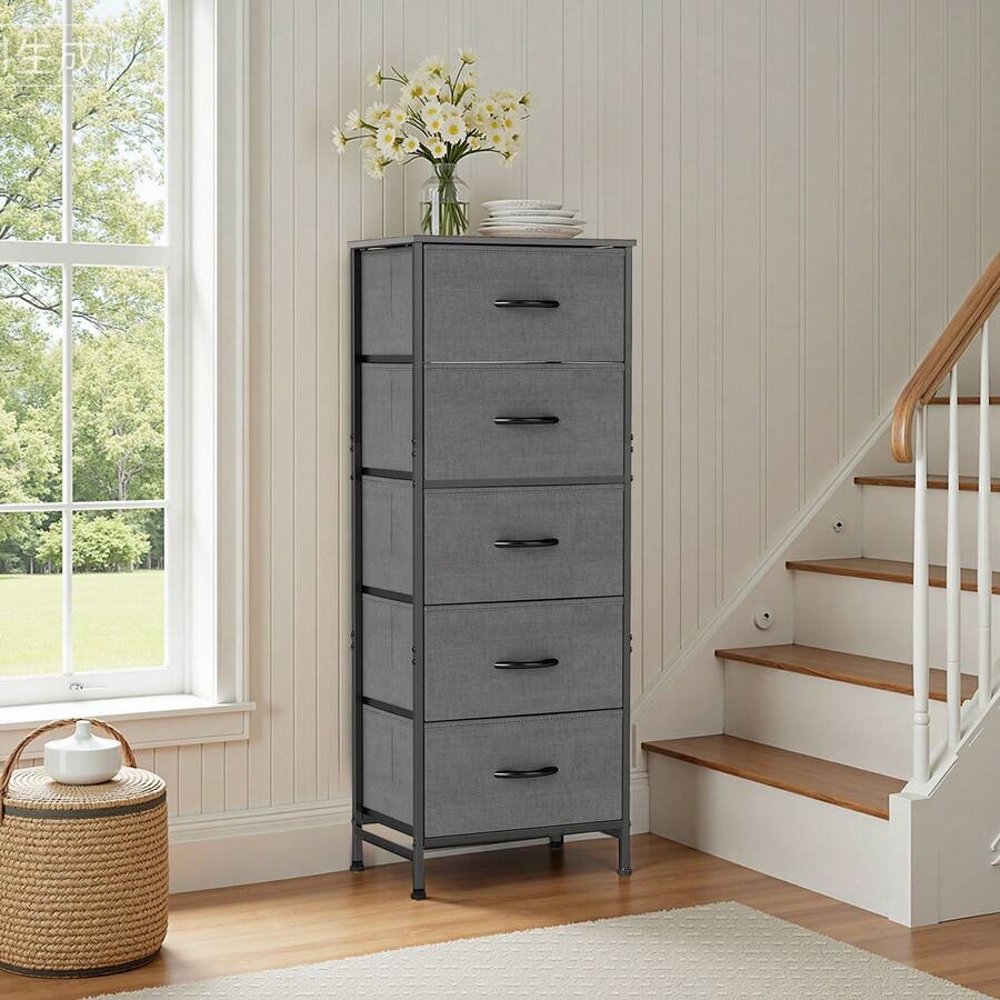Sweetcrispy 5 Drawer Dresser With Fabric Bins, Sturdy Steel Frame And Wood Top, Storage Organizer Chest For Bedroom, Closet, Hallway, Grey - Xám - Xem 1
