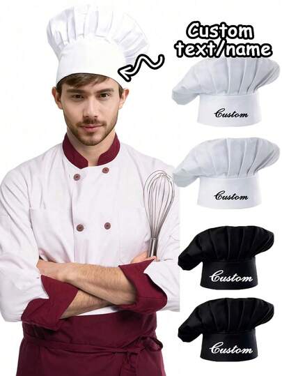 Gorro de chef personalizado con nombre, gorro de chef personalizado, gorro de chef impreso, gorro de chef para cocinar, adecuado para panadería, cafetería, tienda de postres, restaurante, cocina, lavable y reutilizable, gorro de servicio de catering con correa elástica, gorro de chef de malla unisex