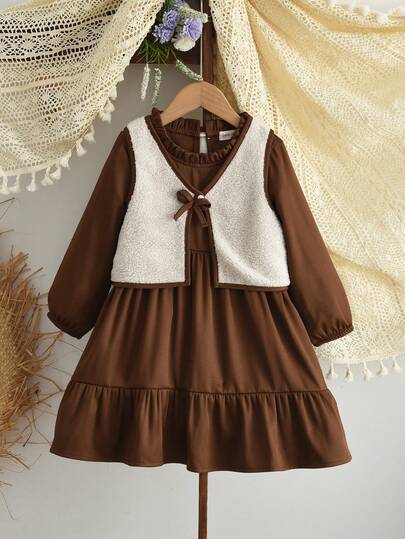 女童秋季仿泰迪绒蝴蝶结背心外套和纯色长袖连衣裙冬季两件套儿童休闲装外出玩耍