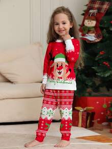Set de 2 piezas de pijama con estampado de renos navideños de manga larga y pantalones para niños mayores, a juego con la familia - Multicolor - Ver 3