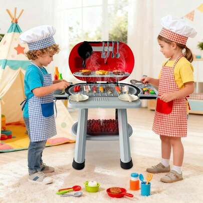 Juguetes de cocina para niños, juego de parrilla para barbacoa, accesorios de cocina de juguete, juego de barbacoa de 2 capas para exterior/interior, regalo de cumpleaños de Navidad para niñas y niños.
