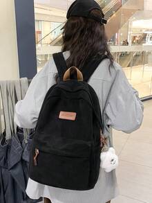 Minimalist Large Capacity Backpack For Women, Solid Color, Functional Corduroy Backpack With Letter Patch, Large Capacity, Lightweight And Portable, Perfect For Teens, Women, Students - Black - View 4