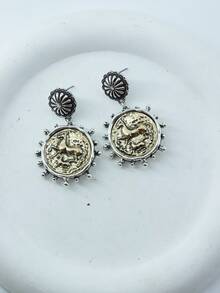 1pc Western Cowboy Style Dual-Tone Geometric Pendant Earrings For Women