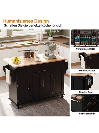 120*45cm, Mobile Kitchen Isl Trolley, Worktop Extends Up To 70cm, Hidden Cutlery Drawer, Adjustable Shelves, Spice Rack Towel Holder, Kitchen, Dining Room Or Living view 2