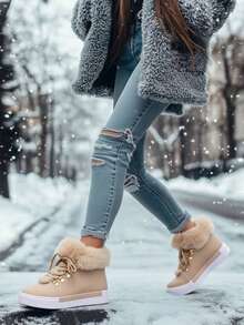 2026冬季新款女士时尚圆头厚底雪地靴,中筒毛领设计,系带虎口造型,外底波浪纹饰,日常穿着,户外雪地靴,办公穿搭,舒适保暖,时尚杏色雪地靴,适合秋冬季节 - 杏色 - 查看 3